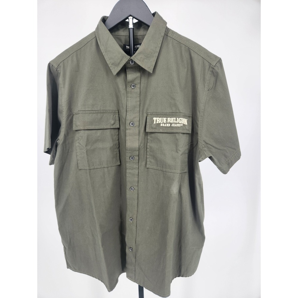 True Religion Mens Olive Green Short Sleeve Button Down Utility Shirt Size M NWT
